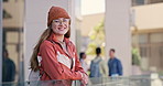 Face, university student and girl with higher education, knowledge and learning. Portrait, outdoor or person with glasses, break or happiness with pride, academic or scholarship with smile and joy