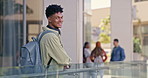 Face, university or student with man, higher education or backpack with knowledge, joy or academic. Portrait, outdoor or person with headphones, break or happiness with pride, learning or scholarship