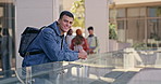 Face, university student and man with higher education, knowledge and learning with smile. Portrait, outdoor or person with backpack, break or happiness with pride, academic or scholarship with joy