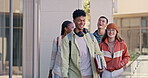 Students, diversity and walking as people with backpack, bonding or break for conversation on campus. Group of friends, happy and talk for education, scholarship and learning in college or university