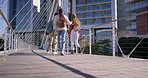 University, back and people walking at campus for education, knowledge and travel to class together. Bridge, students and friends by buildings for scholarship, learning and morning commute to academy