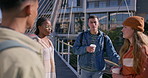 Discussion, group and people at campus for university education, learning or study. Talking, bridge and happy students with conversation outdoor for college, scholarship or tertiary entry exam.