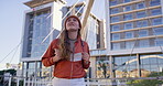 University, girl and thinking with smile at campus for higher education, development or learning. Outdoor, student and freshman with backpack by building for future, knowledge or first day at academy
