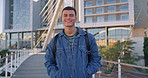 College student, man and face in city with smile, backpack and ready for education, development and progress. Person, bridge and happy for scholarship, studying and campus at university in Mexico
