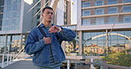 Watch, check and shocked student with schedule error, time management or late lecture for university. Class deadline, run and college man with smartwatch, digital clock or hurry for education or exam