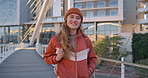 University student, woman and face in city with smile, backpack or ready for education, development and progress. Person, bridge and happy for scholarship, studying and pride at college in Germany
