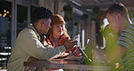 Students, diversity and chat as friends with mobile phone, bonding or break in conversation on campus. Group of people, happy and tech for education, scholarship and learning in college or university