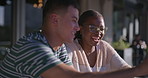 College student, couple and laptop at campus, study and talk for review, research and studying. People, computer and writing notes with learning, education or diversity with scholarship at university