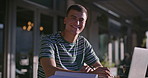 Man, face and university student with laptop outdoor for learning, music and education. Research notes, computer and portrait of male person study for college, scholarship or admission test in London
