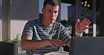 Student, man and dancing with laptop, reading and funny with learning, scholarship and development at campus. Person, computer and review notes for education, studying and research at university