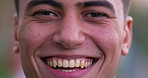 University, park and face of man with smile for learning, college education and scholarship. School, academy and closeup portrait of student outdoors for knowledge, confidence and happy in Australia