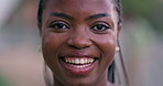 Student, smile and face of black woman in park for learning, college education or scholarship. University, academy and closeup portrait of person for positive mindset, confidence and happy in Nigeria