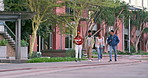 College student, group and walk in street, diversity and ready for learning, education or back to school. Youth, people and gen z friends with backpack, chat and happy with discussion at university