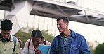 University, people and laughing with travel to campus for funny conversation, joke and humor. Tertiary education, students and friends with journey at academy for scholarship, learning and knowledge