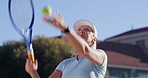 Mature, woman and serve ball with tennis outdoor for sports competition, control training and racket of match game. Female athlete, equipment and pitch performance, fitness contest and cardio court
