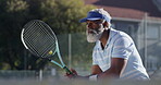 Man, athlete and ready with racket for tennis sport on court with fitness game, sports challenge and tournament. Mature person, gear and pitch for match goals, cardio performance and retirement hobby