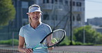 Mature woman, tennis and happy for fitness with racket, energy and ready for match on court. Athlete, sport and smile with equipment for challenge, wellness and training in Australia for exercise