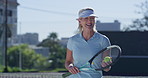Face, tennis court and senior woman with racket, fitness and retirement with wellness, recreation and activity. Portrait, player and athlete with ball, hobby and healthy with training, workout or joy