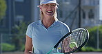 Tennis, fitness and senior woman on court, game and racket for activity, competition and smile. Outdoor, mature person and healthy player with ball, training and workout with sports and recreation
