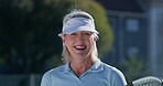 Mature athlete, tennis and smile for fitness, exercise and training for health, woman and outdoor. Sports, workout and player with confidence for match, happy and ready for game in park and hobby
