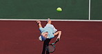 Match, serve and above with woman at tennis court for sports game, training and outdoor exercise. Fitness, athlete and person hitting ball with racket for competition, workout and tournament practice