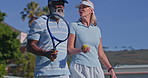 Conversation, senior and walking with interracial couple on tennis court for retirement or sports together. Exercise, fitness or hobby with old man and woman talking for activity, bonding or training