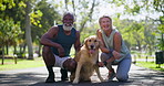 Mature, interracial couple and park with dog for animal care or bonding together in nature. Portrait, senior man and woman with friendly pet, labrador or golden retriever for outdoor companionship