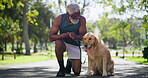 Shoes, tie and senior black man with dog in park for exercise, recreation or walking together. Fitness, leisure or training with animal and pet owner outdoor in nature for retirement or wellness