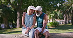 Drinking water, fitness and laughing with interracial old couple in park together for break from training. Conversation, exercise or funny with senior man and woman talking in nature for bonding