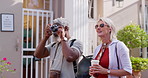 Mature couple, walking and camera for photography with bonding or fun, break and summer holiday. People, multiracial relationship and happy or smile as tourist on road vacation, love and memories