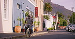 Pedal, senior couple and travel with bicycle for riding, adventure and exploring on vacation together. City street, woman and man with bike for cycling, connection and bonding with love in marriage