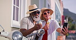 Mature couple, selfie and outdoor with ice cream for bonding or fun, break and summer holiday. People, relationship and happy or smile on vacation for social media post, profile picture and relax