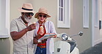 Travel, senior couple and talking with map for direction, navigation and planning for destination route. City street, man and woman with ice cream for snack, dessert and paper to explore on vacation