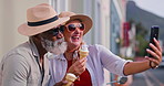 Mature couple, selfie and happy with ice cream for bonding or fun, break and summer holiday. People, interracial relationship and outdoor vacation for social media post, profile picture and relax