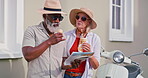 Travel, senior couple and checking on map for direction, navigation and planning for destination route. City street, man and woman with ice cream for snack, dessert and paper to explore on vacation