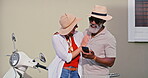 Laughing, senior couple and travel with cellphone for direction and navigation with gps for attraction. City, woman and man with love for mobile app, online map or web search for restaurant location
