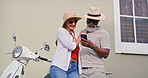 Love, senior couple and travel with cellphone for direction and navigation with gps for attraction. City, woman and man with happiness for mobile app, online map or web search for restaurant location