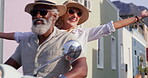 Couple, scooter and freedom for travel, holiday and fun adventure or riding in city road with sunglasses. Man, motorbike and woman for summer trip, vacation and journey with shades in Havana Cuba