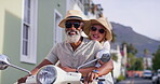 Happy, senior couple and travel with motor bike for riding, adventure and explore on vacation together. City, woman and man with scooter for transport, connection and bonding with smile in marriage