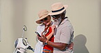 Laughing, senior couple and travel with smartphone for direction and navigation with gps for attraction. City, woman and man with love for mobile app, online map or web search for restaurant location