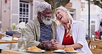 Old couple, interracial and holding hands with love, talking and travel in Paris, smile and marriage. Outdoor, restaurant and senior man with mature woman, bonding together and care with relationship