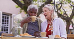 Elderly couple, drinking coffee and cafe for connection, laughing and memory as partner. Senior people, love and happiness for bonding, interracial relationship and together for health in restaurant