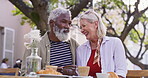Senior couple, love and coffee shop with bonding, interracial relationship and together for health in restaurant. Elderly people, happiness and cafe for connection, laughing and memory as partner