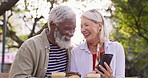 Senior couple, outdoor and communication with phone at restaurant for internet, connection and info. Happy, man and woman with tech at table for network, research and online review of food on website