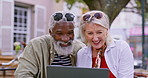 Mature couple, laptop and happy at coffee shop for good news, travel approval and competition win. Man, woman or computer at outdoor table for information, connectivity or excited for success at cafe