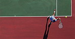 Match, serve and above with man at tennis court for sports game, training or outdoor exercise. Fitness, athlete and person hitting ball with racket for tournament, workout or practice for competition