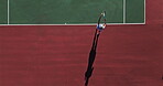 Tennis court, outdoor sport and athlete with above for fitness, workout or challenge in UK. Training, person and exercise with serving for game, match or tournament in competition, play and activity