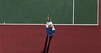 Tennis court, woman and exercise with serving for game, match or tournament in competition, play and activity. Training, outdoor sport and athlete with above for fitness, workout or challenge in UK