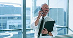 Business, man and smile in phone call at office with file for communication or connection as property developer. Male person, employee and happy on conversation as real estate manager for networking