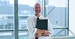 Business, man and laughing with folder at work for corporate joke, project portfolio and financial assistant. Mature person, employee and portrait with documents for company budget administration